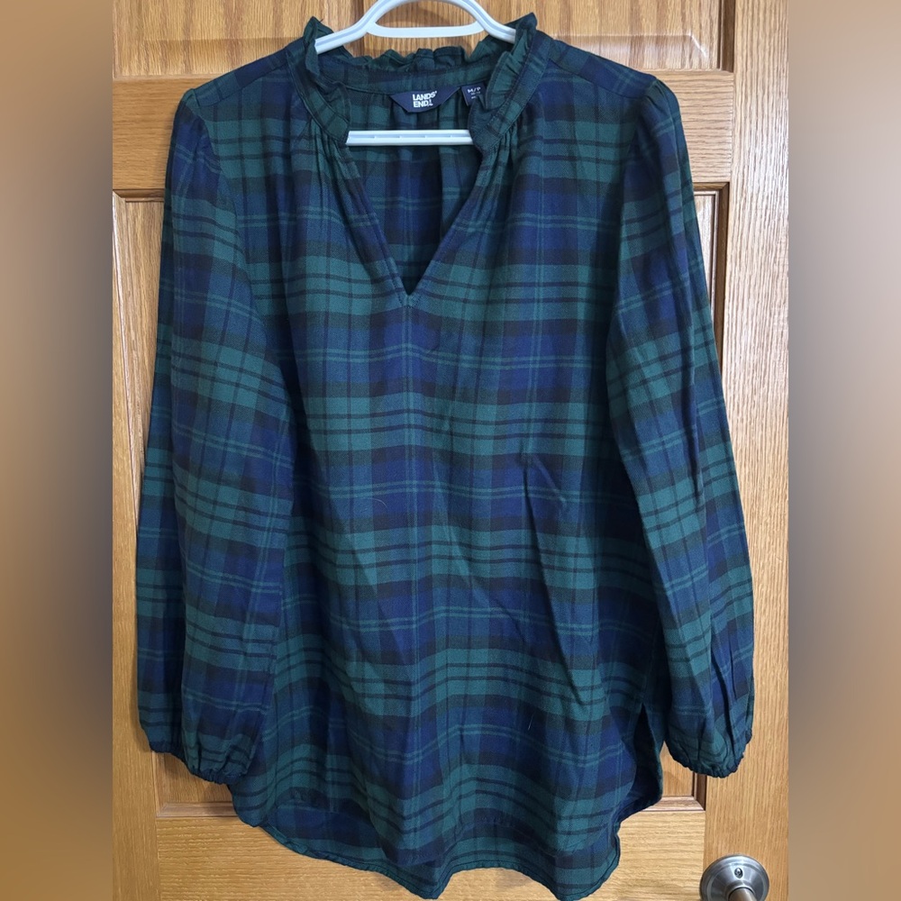 Lands' End Green and Navy Plaid V-Neck Blouse